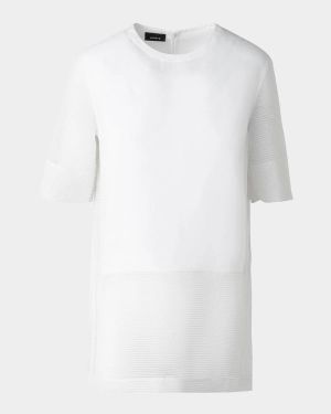 Mixed-Media Linen Striped Organza Short-Sleeve Blouse