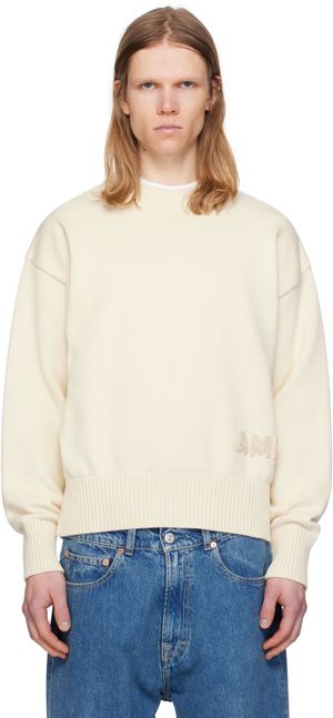 AMI Paris Off-White Cotton 'Ami' Embroidered Crewneck Sweater