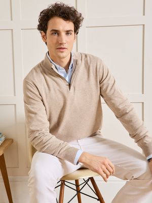 Cyrillus - Pull col montant coton, soie et cachemire - Taille L - Beige