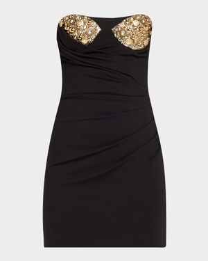 Crystal Button Cluster Embroidered Draped Mini Dress