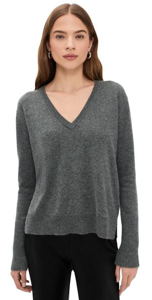 La Ligne Solid Lean Lines V Neck Cashmere Sweater Heather Grey XXS