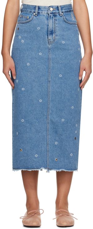 Kijun Jupe longue bleue en denim à motif fleuri