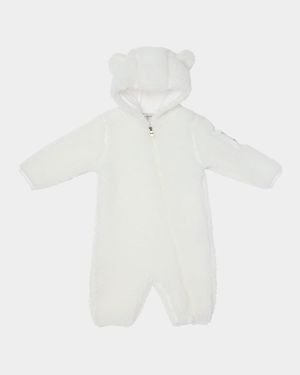 Boy's Teddy Ear Hood Zip-Front Romper, Size 1M-3