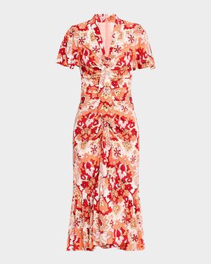 Peeta Ruched Damask Midi Dress
