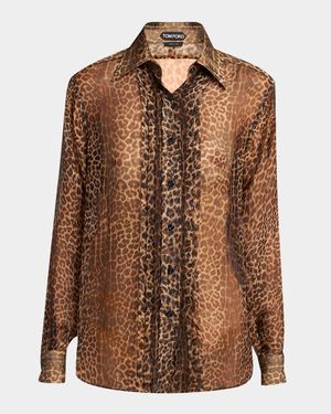 Leopard-Print Silk Chiffon Creponne Shirt