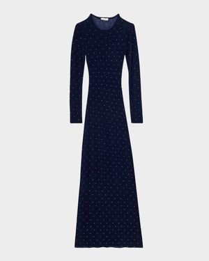 Studded Long-Sleeve Wool Maxi Dress
