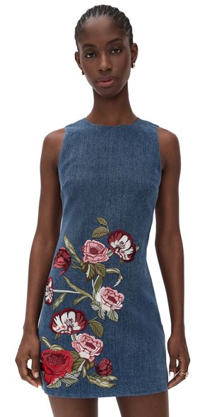 alice + olivia Cade Embroidered Sleeveless Shift Denim Mini Dress Brooklyn Blue/Multi 10