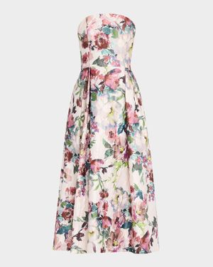 Strapless Floral Jacquard Midi Dress