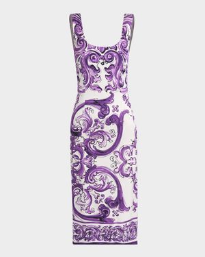 Sleeveless Majolica-Print Charmeuse Midi Dress