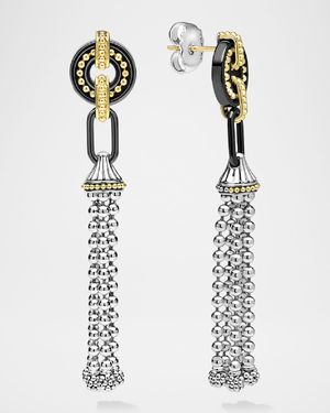 Black Caviar Beaded Drop Tassel Earrings