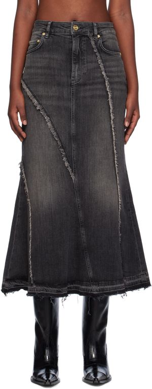 GANNI Jupe longue noire en denim à effet délavé