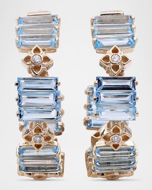 18K Yellow Gold Diamond and Baguette Swiss Blue Topaz Hoop Earrings