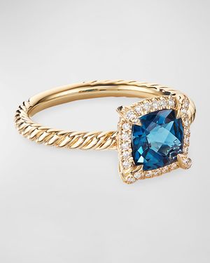 Petite Chatelaine Pave Bezel Ring in 18K Gold with Blue Topaz