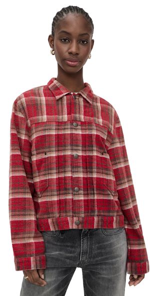 R13 Relaxed Pleated Trucker Jacket Red Plaid M