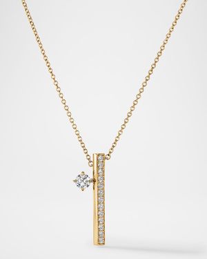 18K Yellow Gold Barre Floating Single Diamond Pave Pendant Necklace