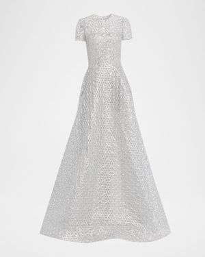 Metallic Raffia Embroidered Short-Sleeve Gown