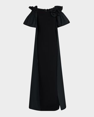 Off-Shoulder Taffeta & Crepe Cape Gown