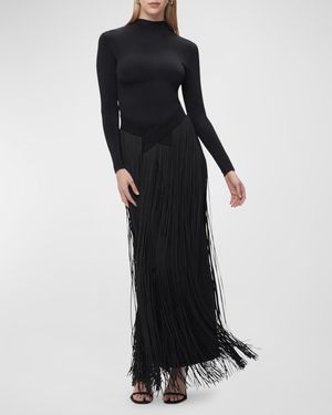 Sloane Long-Sleeve Fringe Gown
