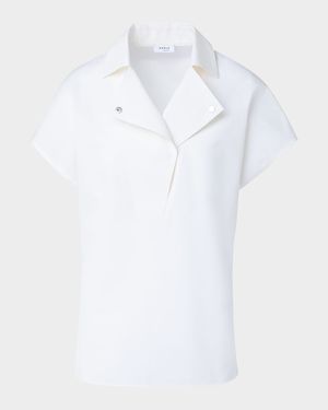 Biker Collar Short-Sleeve Cotton Poplin Stretch Blouse
