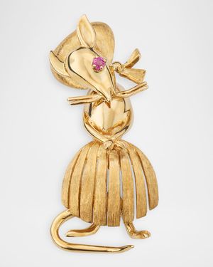 Estate 14K Yellow Gold Ruby Cute Mother Mouse Florentine Pin