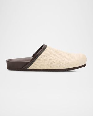 Monili Leather-Trimmed Raffia Mules