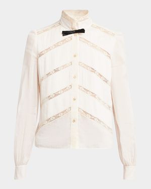 Lace-Inset Pintuck Cotton Blouse