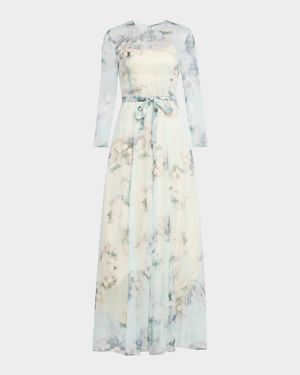 Floral-Print Chiffon Long-Sleeve Maxi Dress