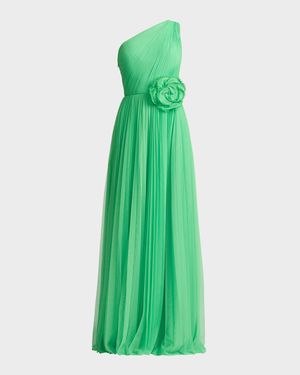 One-Shoulder Pleated Tulle Gown