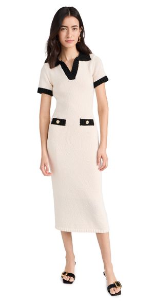 endless rose Crochet Knit Collared Dress Cream/Black XL