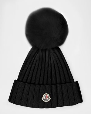 Ribbed Logo Beanie with Faux Fur Pom