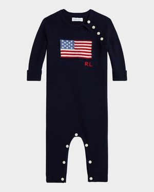 Boy's American Flag Cashmere Romper, Size Newborn-12M