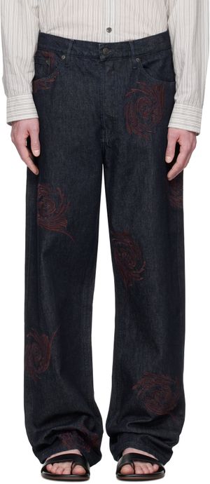 Dries Van Noten Navy Embroidered Pattern Jeans