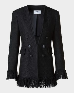 Double-Breasted Illusion Boucle Tweed Fringed Jacket