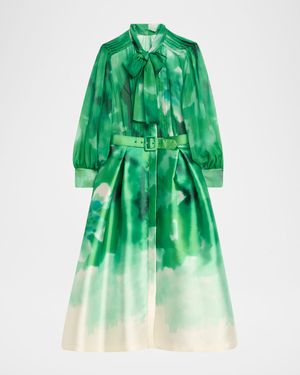 Pleated Tie-Neck Mixed Media Midi Shirtdress