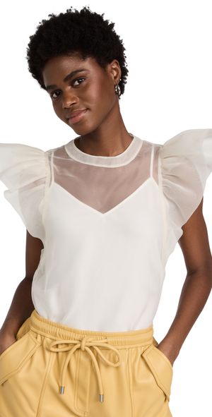 SIMKHAI Corina Organza Ruffle Sleeve Crew Neck Top Ivory XL