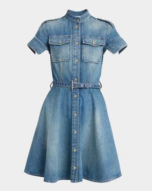 Short-Sleeve Belted Denim Mini Shirtdress