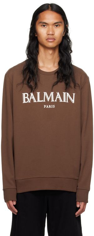 Balmain Pull molletonné brun à logo contrecollé