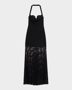 Milena Pleated Floral Lace Halter Gown