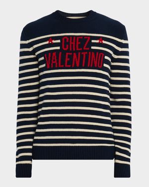 Men's Chez Valentino Wool Stripe Logo-Jacquard Crewneck Sweater