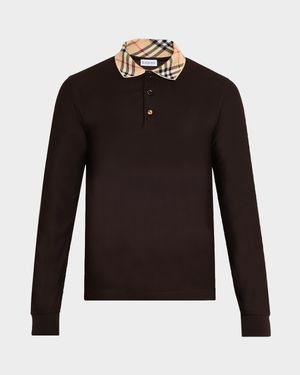 Men's Slim Cotton Check-Collar Long-Sleeve Polo Shirt