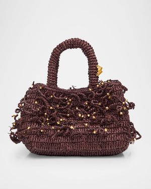 Fanny Woven Top-Handle Bag with Beaded Fringe