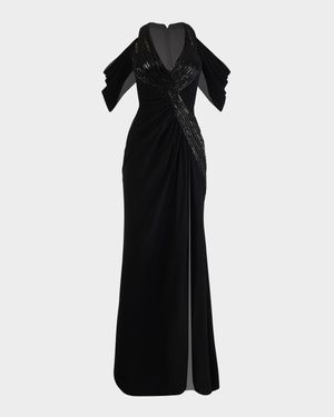 Noir Draped Cold-Shoulder Gown