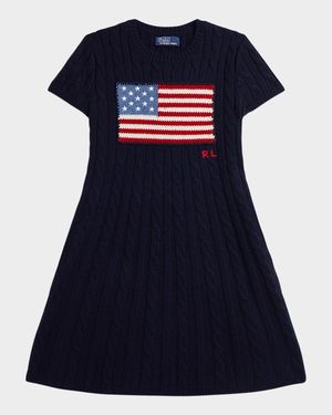 Girl's American Flag Cashmere Cable Knit Dress, Size S-XL