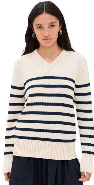 Jenni Kayne Cotton Kate V Neck Pullover Ivory/Navy Stripe S