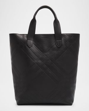 Men's Embossed Check Leather Tote Bag