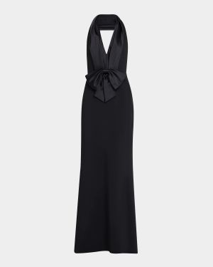 Bow-Front Halter Tuxedo Gown