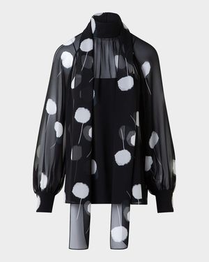 Windflower Print Neck-Tie Silk Georgette Blouse