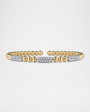 14K White and Yellow Gold Diamond Pave Three Station Bar Bujukan Beads Split Bangle Bracelet