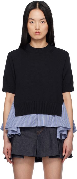 sacai Pull bleu marine et bleu en tricot et en popeline de coton