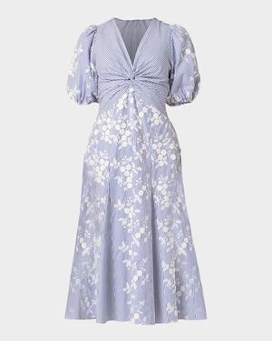 Dion Striped Floral Applique Midi Dress